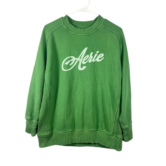 Aerie Down to Earth Oversized Green Spellout Logo Crewneck XS - Picture 2 of 6
